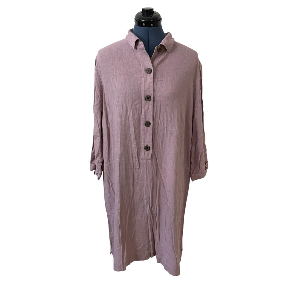 J. Jill Purple 1/2 Button Up Tunic Shirt Dress Linen Blend Lounge Beach Work L